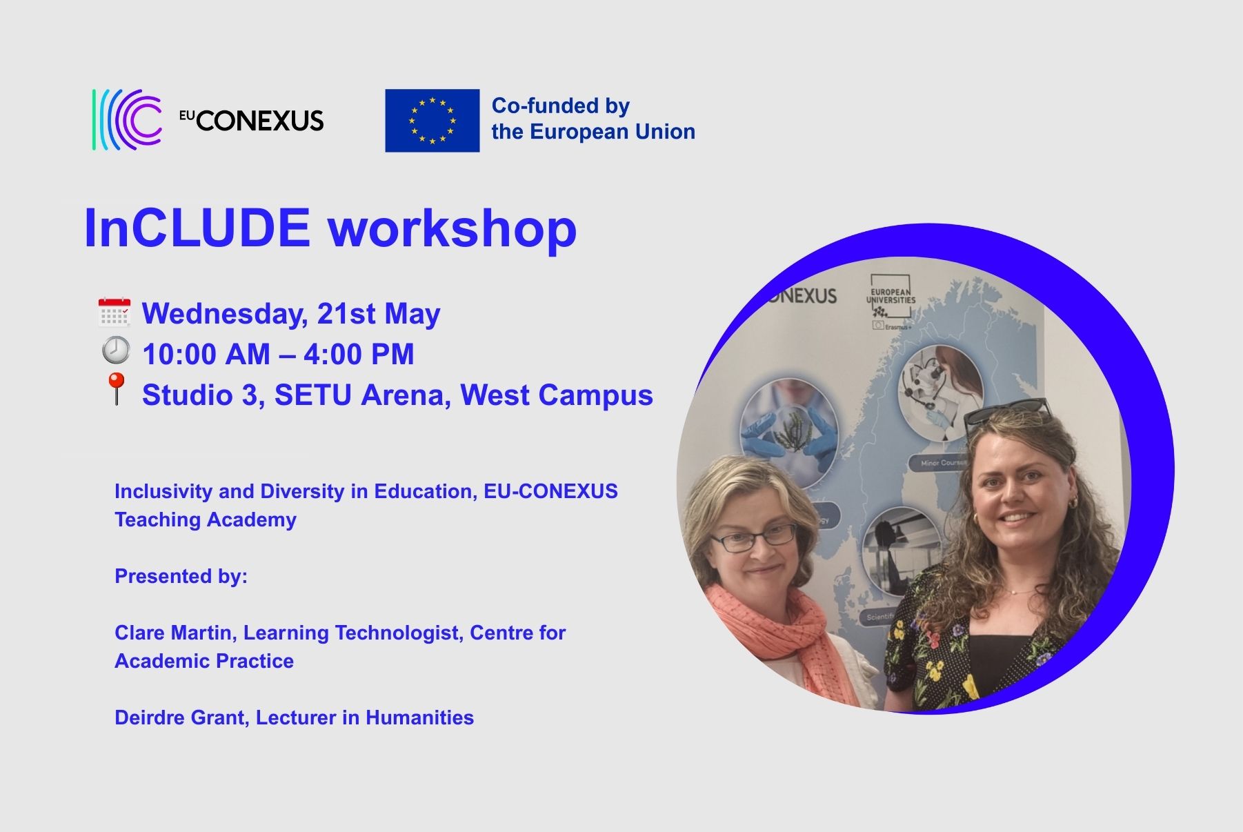 Picture of Deirdre and Claire with information about the workshop. Same details as webpage