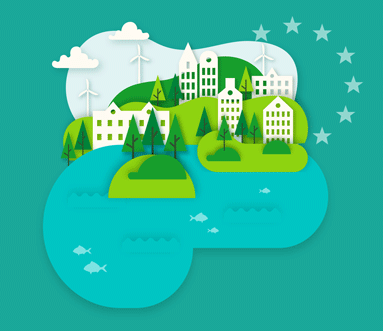 Graphic of a college building, wind turbines in the background and lough of water in foreground