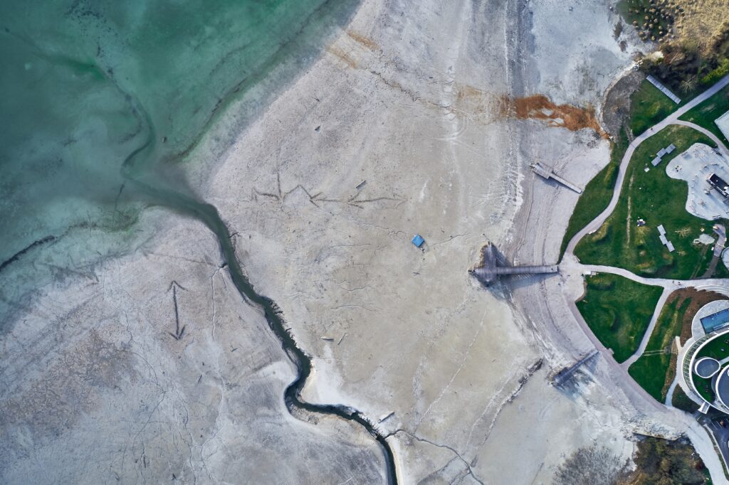 Aerial shot of a stony shore
