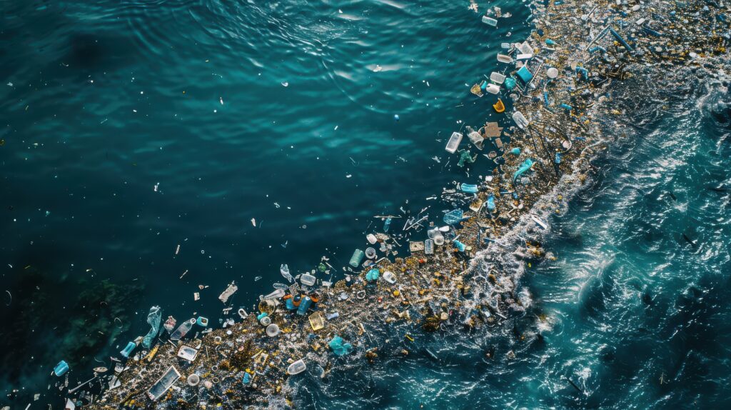 Trail of rubbish in ocean