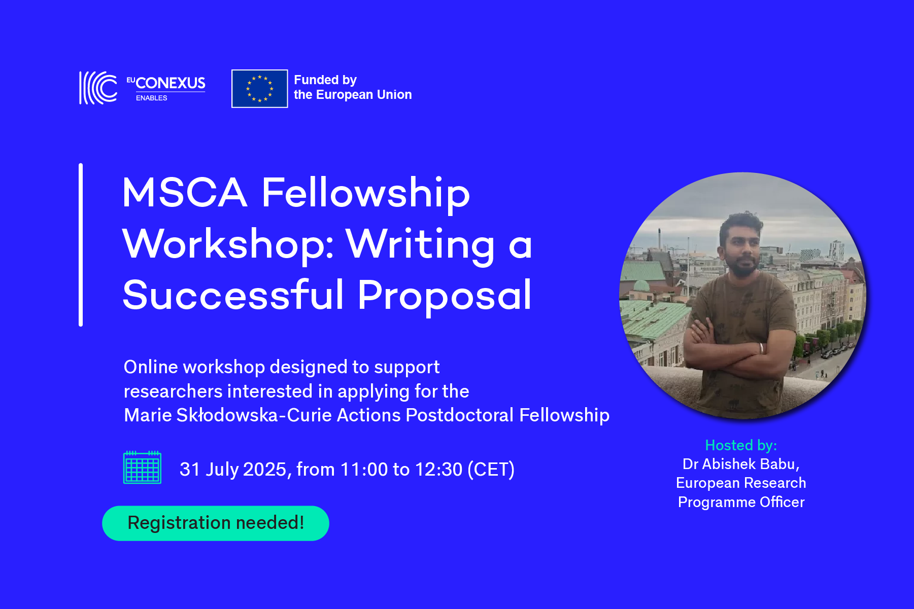 Infographic about MSCA Postdoctoral Fellowship - date time and speaker 