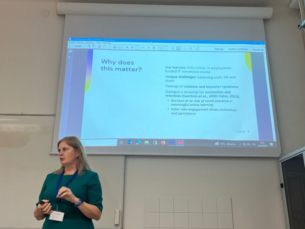 Lady presenting with screen with slides